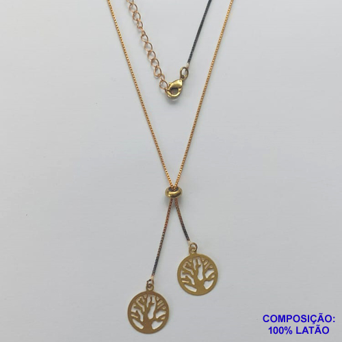 GARGANTILHA NO BRUTO PRONTO PARA O BANHO - COM CORRENTE VENEZIANA DE 45CM + EXTENSOR - " TIPO GRAVATINHA " AJUSTÁVEL - COM DOIS PINGENTES ÁRVORE DA VIDA 13X13MM - PESO TOTAL 2,8GR - BRU10341