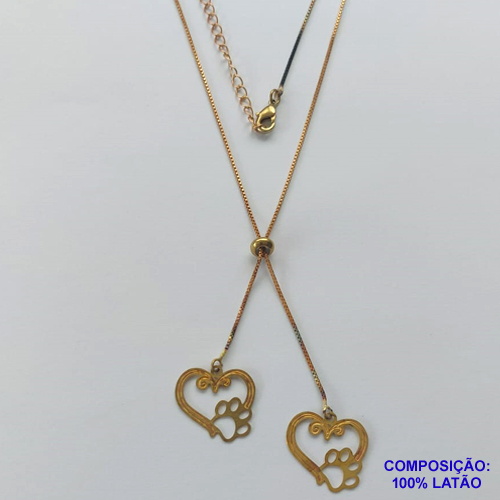 GARGANTILHA NO BRUTO PRONTO PARA O BANHO - COM CORRENTE VENEZIANA DE 45CM + EXTENSOR - " TIPO GRAVATINHA " AJUSTÁVEL - COM DOIS PINGENTES CORAÇÃO COM PATINHA VAZADO 17X17MM (507) - PESO TOTAL 3GR - BRU10342