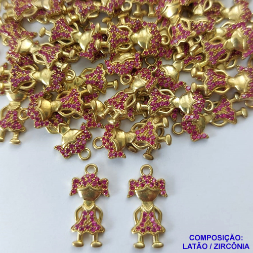 PINGENTE NO BRUTO PRONTO PARA O BANHO (CX09) - PINGENTE MENINA CRAVEJADA COM MICRO ZIRCONIAS ROSAS - TAMANHO 8X13MM - PESO TOTAL 0,7GR - BRU0001868