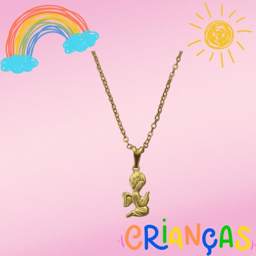 GARGANTILHA NO BRUTO PRONTO PARA O BANHO - GARGANTILHA INFANTIL CORRENTE CADEADO 35CM + EXTENSOR  - PINGENTE ANJINHO 7X11MM - COMPOSIÇÃO: 100% LATÃO - PESO TOTAL: 1,5GR - BRU10349