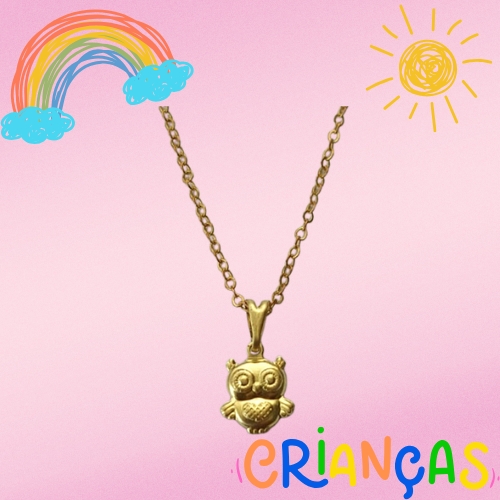 GARGANTILHA NO BRUTO PRONTO PARA O BANHO - GARGANTILHA INFANTIL CORRENTE CADEADO 35CM + EXTENSOR  - PINGENTE CORUJA 8X9MM - COMPOSIÇÃO: 100% LATÃO - PESO TOTAL: 1,6GR - BRU10350
