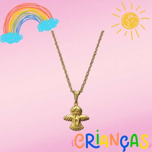 GARGANTILHA NO BRUTO PRONTO PARA O BANHO - GARGANTILHA INFANTIL CORRENTE CADEADO 35CM + EXTENSOR  - PINGENTE ANJINHO 12X12MM - COMPOSIÇÃO: 100% LATÃO - PESO TOTAL: 1,6GR - BRU10352