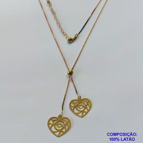 GARGANTILHA NO BRUTO PRONTO PARA O BANHO - COM CORRENTE VENEZIANA DE 45CM + EXTENSOR - " TIPO GRAVATINHA " AJUSTÁVEL - COM DOIS PINGENTES CORAÇÃO DETALHES VAZADOS 16MM - PESO TOTAL 3,1GR - BRU10358