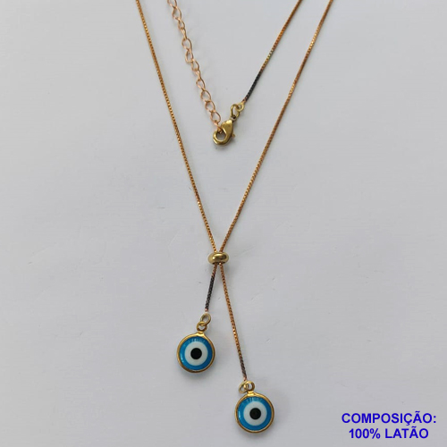 GARGANTILHA NO BRUTO PRONTO PARA O BANHO - COM CORRENTE VENEZIANA DE 45CM + EXTENSOR - " TIPO GRAVATINHA " AJUSTÁVEL - COM DOIS PINGENTES OLHOS GREGOS 9MM - PESO TOTAL 3GR - BRU10360