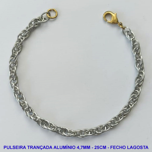 PULSEIRA EM ALUMÍNIO NO BRUTO PRONTO PARA O BANHO - PULSEIRA EM ALÚMINIO TRANÇADO (A22) - TAMANHO 25CM - LARGURA 4,7MM - FECHO LAGOSTA - PESO 3,4GR - COMPOSIÇÃO: ALUMÍNIO - BRU10366
