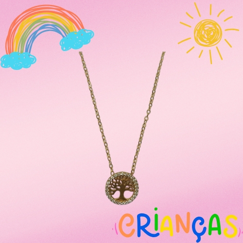 GARGANTILHA NO BRUTO PRONTO PARA O BANHO (CX26) - GARGANTILHA INFANTIL CORRENTE CADEADO 35CM + EXTENSOR  - PINGENTE ÁRVORE DA VIDA CRAVEJADO EM MICROS ZIRCÔNIAS 12X12MM (PX001133W) - COMPOSIÇÃO: LATÃO / ZIRCÔNIA - PESO TOTAL: 2,3GR - BRU10371