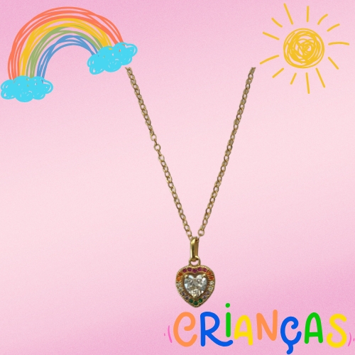 GARGANTILHA NO BRUTO PRONTO PARA O BANHO (CX26) - GARGANTILHA INFANTIL CORRENTE CADEADO 35CM + EXTENSOR  - PINGENTE CORAÇÃO CRAVEJADO EM MICROS ZIRCÔNIAS COLORIDAS 8X8MM (PX000222) - COMPOSIÇÃO: LATÃO / ZIRCÔNIA - PESO TOTAL: 2,3GR - BRU10372