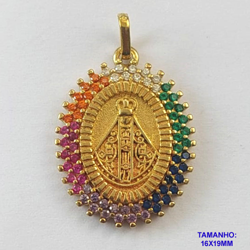 PINGENTE NO BRUTO PRONTO PARA O BANHO (CX22) - PINGENTE NOSSA SRA APARECIDA CRAVEJADA EM MICROS ZIRCÔNIAS COLORIDAS 16X19MM (PX000476) - COMPOSIÇÃO: LATÃO / ZIRCÔNIA  - PESO TOTAL 2,3GR - BRU10380