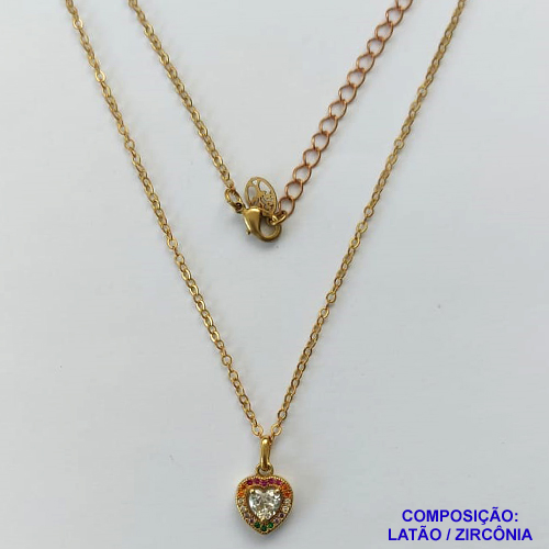 GARGANTILHA NO BRUTO PRONTO PARA O BANHO (CX26) - GARGANTILHA CORRENTE CADEADO 45CM + EXTENSOR  - PINGENTE CORAÇÃO CRAVEJADO EM MICROS ZIRCÔNIAS COLORIDAS 8X8MM (PX000222) - COMPOSIÇÃO: LATÃO / ZIRCÔNIA - PESO TOTAL: 2,3GR - BRU10382