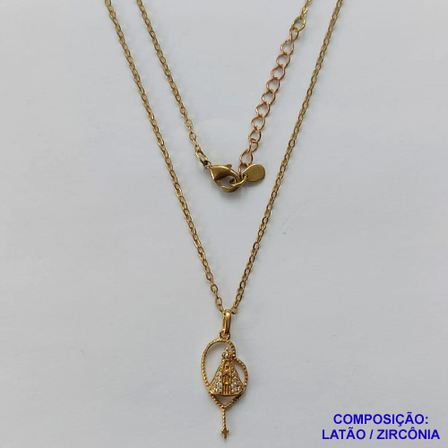 GARGANTILHA NO BRUTO PRONTO PARA O BANHO (CX26) - GARGANTILHA CORRENTE CADEADO 45CM + EXTENSOR - PINGENTE NOSSA SRA APARECIDA CRAVEJADA EM MICROS ZIRCÔNIAS 9X22MM (PX000773) - COMPOSIÇÃO: LATÃO / ZIRCÔNIA - PESO TOTAL: 2,3GR - BRU10401
