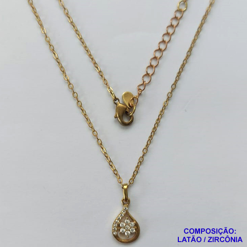 GARGANTILHA NO BRUTO PRONTO PARA O BANHO (CX26)- GARGANTILHA CORRENTE CADEADO 45CM + EXTENSOR - PINGENTE GOTA COM FLOR CRAVEJADA EM MICROS ZIRCÔNIAS 7X12MM (PX001343) - COMPOSIÇÃO: LATÃO / ZIRCÔNIA - PESO TOTAL: 2,2GR - BRU10402