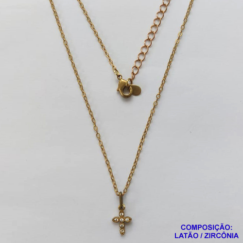 GARGANTILHA NO BRUTO PRONTO PARA O BANHO (CX26) - GARGANTILHA CORRENTE CADEADO 45CM + EXTENSOR - PINGENTE CRUCIFIXO COM PEDRAS EM ZIRCÔNIAS 6X10MM (PX000698) - COMPOSIÇÃO: LATÃO / ZIRCÔNIA - PESO TOTAL: 1,9GR - BRU10406