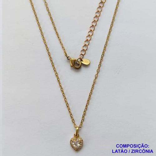 GARGANTILHA NO BRUTO PRONTO PARA O BANHO (CX26) - GARGANTILHA CORRENTE CADEADO 45CM + EXTENSOR - PINGENTE CORAÇÃO COM PEDRAS EM ZIRCÔNIAS 6X6MM (PX000672) - COMPOSIÇÃO: LATÃO / ZIRCÔNIA - PESO TOTAL: 2,2GR - BRU10407