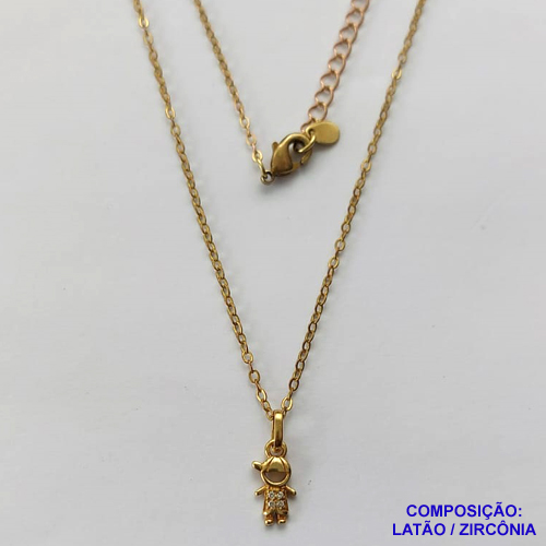 GARGANTILHA NO BRUTO PRONTO PARA O BANHO - GARGANTILHA CORRENTE CADEADO 45CM + EXTENSOR - PINGENTE MENINO CRAVEJADO EM MICROS ZIRCÔNIAS 4X10MM (PX000037) - COMPOSIÇÃO: LATÃO / ZIRCÔNIA - PESO TOTAL: 1,7GR - BRU10409