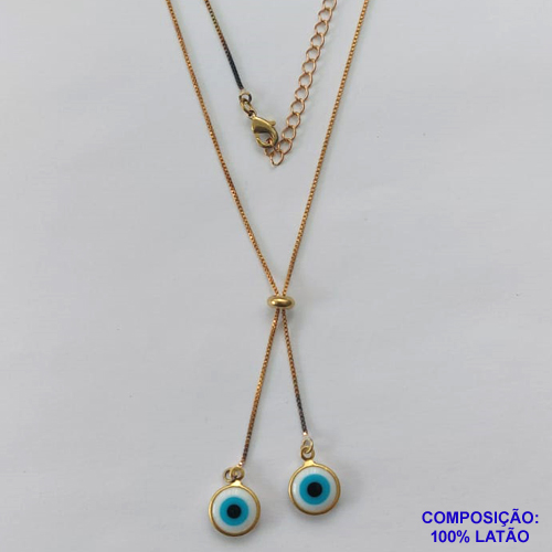 GARGANTILHA NO BRUTO PRONTO PARA O BANHO - COM CORRENTE VENEZIANA DE 45CM + EXTENSOR - " TIPO GRAVATINHA " AJUSTÁVEL - COM DOIS PINGENTES DE OLHOS GREGOS - PESO TOTAL 3GR - BRU10423