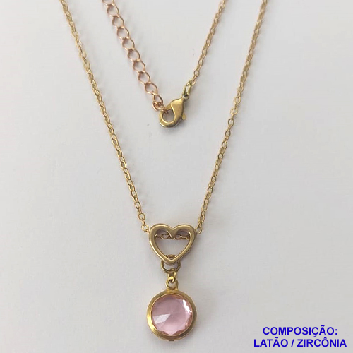 GARGANTILHA NO BRUTO PRONTO PARA O BANHO - GARGANTILHA CORRENTE CADEADO 45CM + EXTENSOR - PINGENTE EM ZIRCÔNIA ROSA 10X10MM - COMPOSIÇÃO: LATÃO / ZIRCÔNIA - PESO TOTAL: 3,4GR - BRU10435