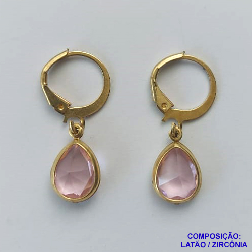 BRINCO NO BRUTO PRONTO BANHO - BRINCO COM PINGENTE EM ZIRCÔNIA ROSA 7X9MM - ARGOLINHA DE PRESSÃO (TRANQUETA) - PESO TOTAL 1,8GR - BRU10441