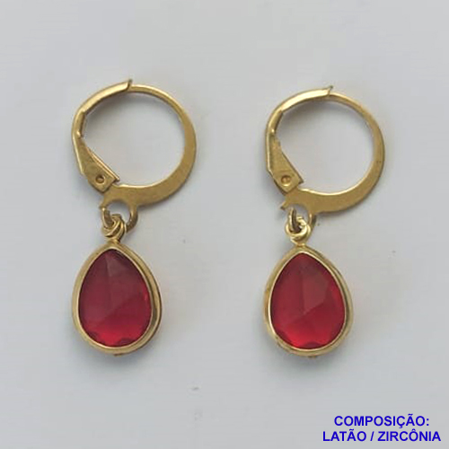 BRINCO NO BRUTO PRONTO BANHO - BRINCO COM PINGENTE EM ZIRCÔNIA VERMELHO 7X9MM - ARGOLINHA DE PRESSÃO (TRANQUETA) - PESO TOTAL 1,8GR - BRU10443