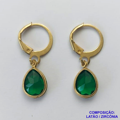 BRINCO NO BRUTO PRONTO BANHO - BRINCO COM PINGENTE EM ZIRCÔNIA VERDE ESCURO 7X9MM - ARGOLINHA DE PRESSÃO (TRANQUETA) - PESO TOTAL 1,8GR - BRU10445