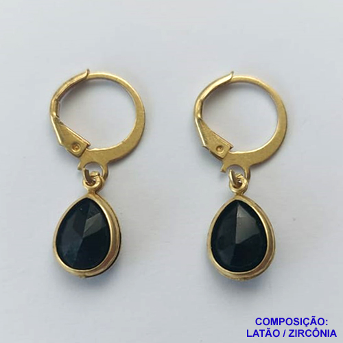 BRINCO NO BRUTO PRONTO BANHO - BRINCO COM PINGENTE EM ZIRCÔNIA PRETO 7X9MM - ARGOLINHA DE PRESSÃO (TRANQUETA) - PESO TOTAL 1,8GR - BRU10446
