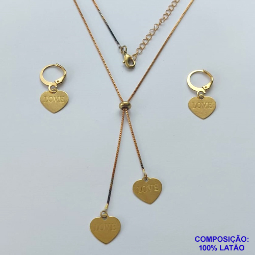 CONJUNTO NO BRUTO PRONTO PARA O BANHO - COM CORRENTE VENEZIANA DE 45CM + EXTENSOR - " TIPO GRAVATINHA " AJUSTÁVEL - PINGENTES CORAÇÃO COM PALAVRA LOVE 10X12MM - BRINCOS ARGOLINHAS DE PRESSÃO - PESO TOTAL 4,4GR - BRU10448