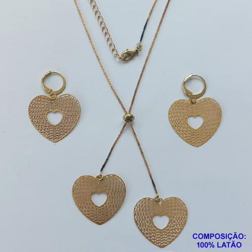 CONJUNTO NO BRUTO PRONTO PARA O BANHO - COM CORRENTE VENEZIANA DE 45CM + EXTENSOR - " TIPO GRAVATINHA " AJUSTÁVEL - PINGENTES CORAÇÃO VAZADO 24X26MM - BRINCOS ARGOLINHAS DE PRESSÃO - PESO TOTAL 5,6GR - BRU10449