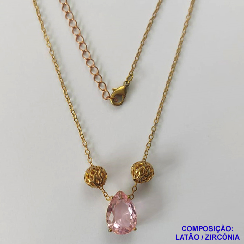 GARGANTILHA NO BRUTO PRONTO PARA O BANHO - GARGANTILHA CORRENTE CADEADO 45CM + EXTENSOR - PINGENTE EM ZIRCÔNIA 9X13MM E BOLINHAS VAZADAS - COMPOSIÇÃO: LATÃO / ZIRCÔNIA - PESO TOTAL: 4,2GR - BRU10454