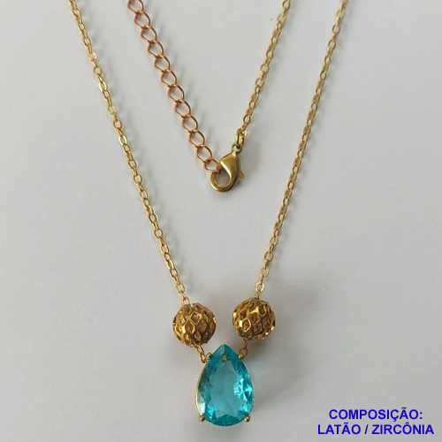 GARGANTILHA NO BRUTO PRONTO PARA O BANHO - GARGANTILHA CORRENTE CADEADO 45CM + EXTENSOR - PINGENTE EM ZIRCÔNIA 9X13MM E BOLINHAS VAZADAS - COMPOSIÇÃO: LATÃO / ZIRCÔNIA - PESO TOTAL: 4,2GR - BRU10455