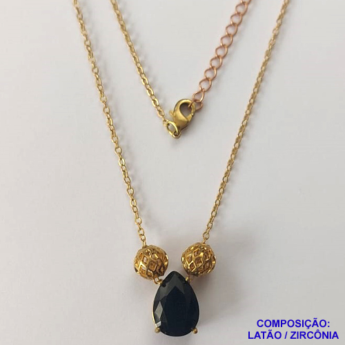 GARGANTILHA NO BRUTO PRONTO PARA O BANHO - GARGANTILHA CORRENTE CADEADO 45CM + EXTENSOR - PINGENTE EM ZIRCÔNIA 9X13MM E BOLINHAS VAZADAS - COMPOSIÇÃO: LATÃO / ZIRCÔNIA - PESO TOTAL: 4,2GR - BRU10456
