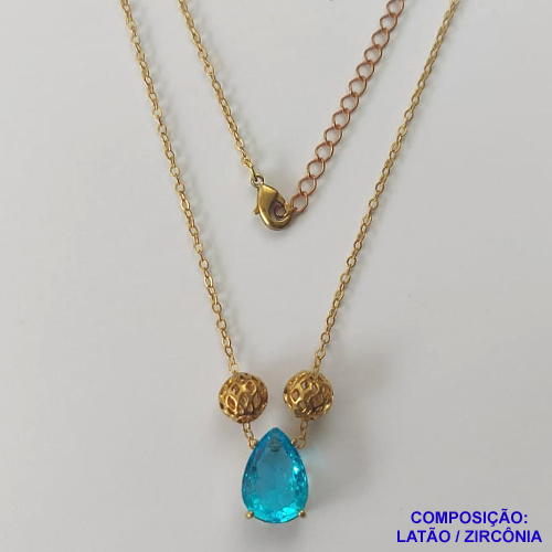 GARGANTILHA NO BRUTO PRONTO PARA O BANHO - GARGANTILHA CORRENTE CADEADO 45CM + EXTENSOR - PINGENTE EM ZIRCÔNIA 9X13MM E BOLINHAS VAZADAS - COMPOSIÇÃO: LATÃO / ZIRCÔNIA - PESO TOTAL: 4,2GR - BRU10458