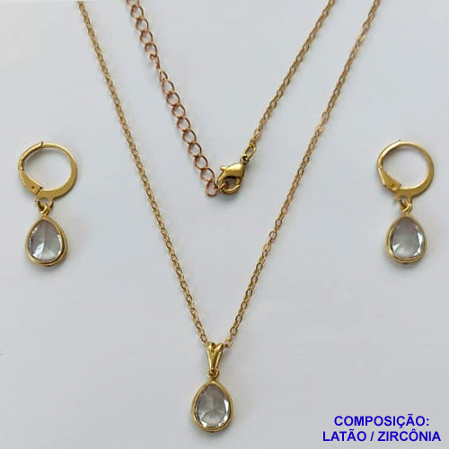 CONJUNTO NO BRUTO PRONTO PARA O BANHO - GARGANTILHA COM CORRENTE CADEADO DE 45CM - BRINCO COM ZIRCÔNIA 8X10MM COM ARGOLA DE PRESSÃO - PESO TOTAL: 4GR - BRU10461