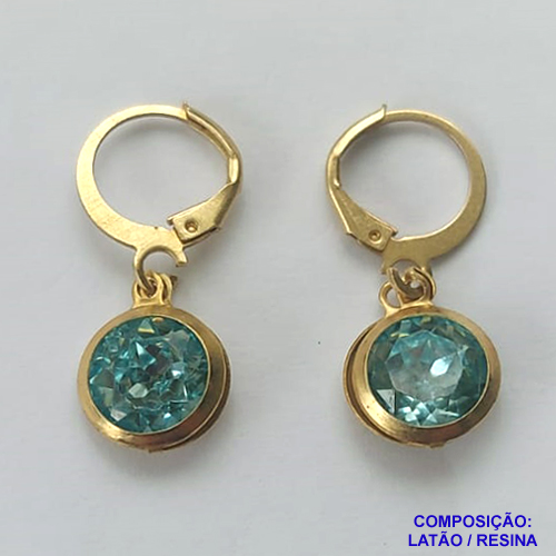 BRINCO NO BRUTO PRONTO BANHO - BRINCO COM PINGENTE EM RESINA AZUL CLARA 10MM - ARGOLINHA DE PRESSÃO (TRANQUETA) - PESO TOTAL 1,6GR - BRU10466