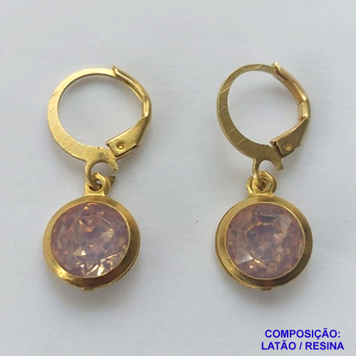 BRINCO NO BRUTO PRONTO BANHO - BRINCO COM PINGENTE EM RESINA ROSA 10MM - ARGOLINHA DE PRESSÃO (TRANQUETA) - PESO TOTAL 1,6GR - BRU10470