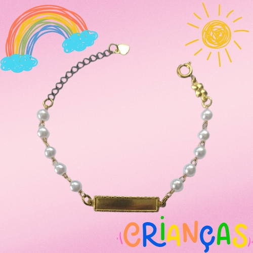 PULSEIRA NO BRUTO PRONTO PARA O BANHO(CX66) - PULSEIRA INFANTIL COM PÉROLAS E CHAPINHA - TAMANHO 12CM + EXTENSOR - PESO 2,1GR - FECHO REDONDO - BRU10471