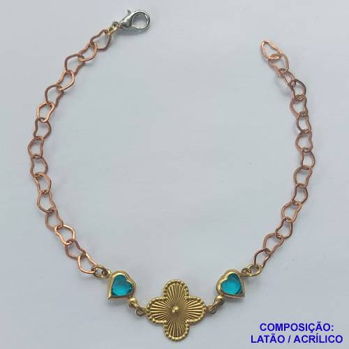 PULSEIRA NO BRUTO PRONTO PARA O BANHO(CX66) - PULSEIRA TIPO VAN CLEEF 11MM COM 2 PINGENTES CORAÇÕES AZUIS - TAMANHO 18CM + EXTENSOR E FECHO LAGOSTA - COMPOSIÇÃO: LATÃO - PESO 2,3GR - BRU10472