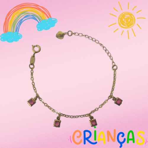 PULSEIRA NO BRUTO PRONTO PARA O BANHO(CX66)- PULSEIRA INFANTIL COM PINGENTES QUADRADOS ROSAS - TAMANHO 12CM + EXTENSOR - PESO 1,4GR - FECHO REDONDO - BRU10473