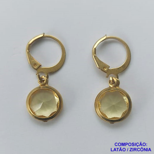 BRINCO NO BRUTO PRONTO BANHO - BRINCO COM PINGENTE EM ZIRCÔNIA AMARELA - ARGOLINHA DE PRESSÃO (TRANQUETA) TAMANHO 10X10MM - PESO TOTAL 2,2GR - BRU10480