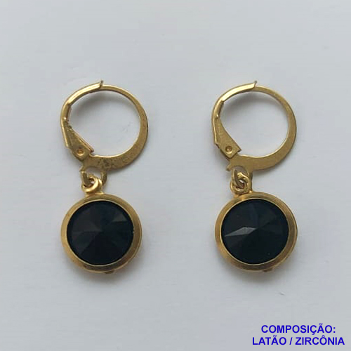 BRINCO NO BRUTO PRONTO BANHO - BRINCO COM PINGENTE EM ZIRCÔNIA PRETA - ARGOLINHA DE PRESSÃO (TRANQUETA) TAMANHO 10X10MM - PESO TOTAL 2,2GR - BRU10483