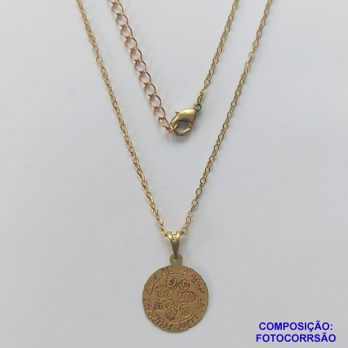 GARGANTILHA NO BRUTO PRONTO PARA O BANHO(CX66) - GARGANTILHA CORRENTE CADEADO 45CM + EXTENSOR - PINGENTE EM FOTOCORROSÃO REDONDO AMOR PAZ HARMONIA FELICIDADE 14X14MM - COMPOSIÇÃO: LATÃO / FOTOCORROSÃO - PESO TOTAL: 2,3GR - BRU10488