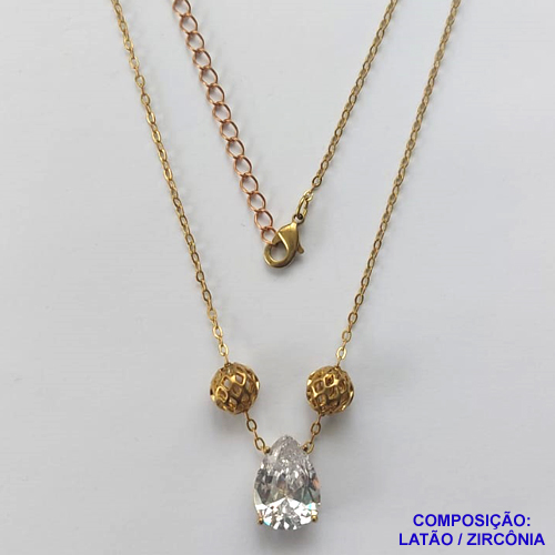 GARGANTILHA NO BRUTO PRONTO PARA O BANHO - GARGANTILHA CORRENTE CADEADO 45CM + EXTENSOR - PINGENTE EM ZIRCÔNIA 9X13MM E BOLINHAS VAZADAS - COMPOSIÇÃO: LATÃO / ZIRCÔNIA - PESO TOTAL: 4,2GR - BRU10489