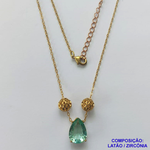 GARGANTILHA NO BRUTO PRONTO PARA O BANHO - GARGANTILHA CORRENTE CADEADO 45CM + EXTENSOR - PINGENTE EM ZIRCÔNIA 9X13MM E BOLINHAS VAZADAS - COMPOSIÇÃO: LATÃO / ZIRCÔNIA - PESO TOTAL: 4,2GR - BRU10490