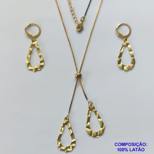 CONJUNTO NO BRUTO PRONTO PARA O BANHO - COM CORRENTE VENEZIANA DE 45CM + EXTENSOR - " TIPO GRAVATINHA " AJUSTÁVEL - PINGENTES GOTA VAZADA MARTELADA (E3192) 13X24MM - BRINCOS ARGOLINHAS DE PRESSÃO - PESO TOTAL 5GR - BRU10493
