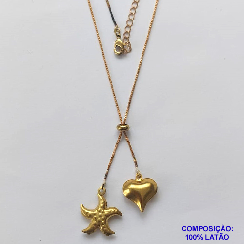 GARGANTILHA NO BRUTO PRONTO PARA O BANHO - COM CORRENTE VENEZIANA DE 45CM + EXTENSOR - " TIPO GRAVATINHA " AJUSTÁVEL - COM DOIS PINGENTES CORAÇÃO E ESTRELA DO MAR - PESO TOTAL 3,7GR - BRU10494