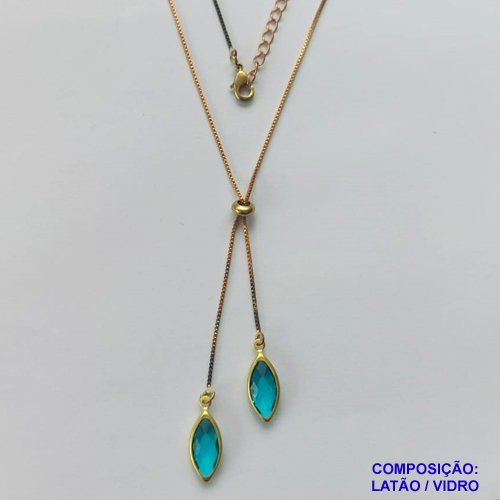 GARGANTILHA NO BRUTO PRONTO PARA O BANHO - COM CORRENTE VENEZIANA DE 45CM + EXTENSOR - " TIPO GRAVATINHA " AJUSTÁVEL - COM DOIS PINGENTES EM VIDROS 6X14MM - PESO TOTAL 3,4GR - BRU10495