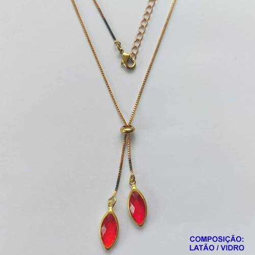 GARGANTILHA NO BRUTO PRONTO PARA O BANHO - COM CORRENTE VENEZIANA DE 45CM + EXTENSOR - " TIPO GRAVATINHA " AJUSTÁVEL - COM DOIS PINGENTES EM VIDROS 6X14MM - PESO TOTAL 3,4GR - BRU10496