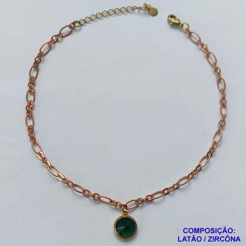 TORNOZELEIRA NO BRUTO PRONTO PARA O BANHO - TORNOZELEIRA COM PINGENTE EM ZIRCÔNIA 10MM VERDE- TAMANHO 24CM + EXTENSOR - PESO: 3,9GR - BRU10497