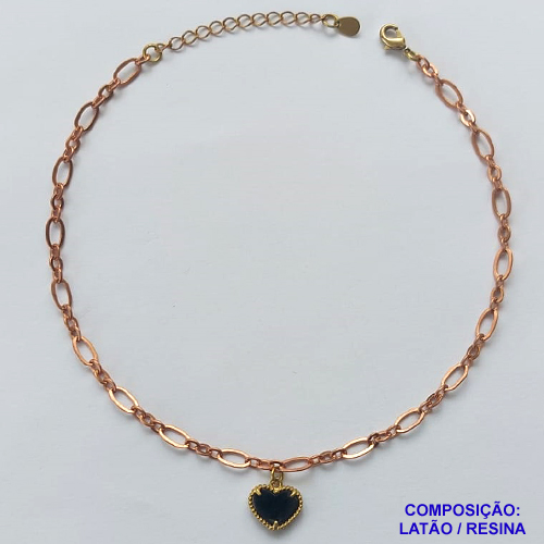 TORNOZELEIRA NO BRUTO PRONTO PARA O BANHO - TORNOZELEIRA TIPO VAN CLEFF CORAÇÃO 10MM PRETO - TAMANHO 24CM + EXTENSOR - PESO: 3,5GR - BRU10500