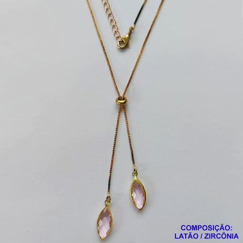 GARGANTILHA NO BRUTO PRONTO PARA O BANHO - COM CORRENTE VENEZIANA DE 45CM + EXTENSOR - " TIPO GRAVATINHA " AJUSTÁVEL - COM DOIS PINGENTES EM VIDROS ROSAS 6X14MM - PESO TOTAL 3,4GR - BRU10512