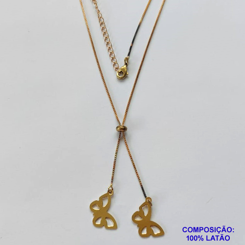 GARGANTILHA NO BRUTO PRONTO PARA O BANHO - COM CORRENTE VENEZIANA DE 45CM + EXTENSOR - " TIPO GRAVATINHA " AJUSTÁVEL - COM DOIS PINGENTES BORBOLETAS VAZADAS 10X17MM - PESO TOTAL 3,2GR - BRU10514