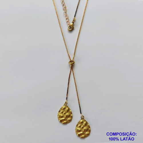 GARGANTILHA NO BRUTO PRONTO PARA O BANHO - COM CORRENTE VENEZIANA DE 45CM + EXTENSOR - " TIPO GRAVATINHA " AJUSTÁVEL - COM DOIS PINGENTES GOTAS MARTELADAS 12X16MM - PESO TOTAL 3,7GR - BRU10515